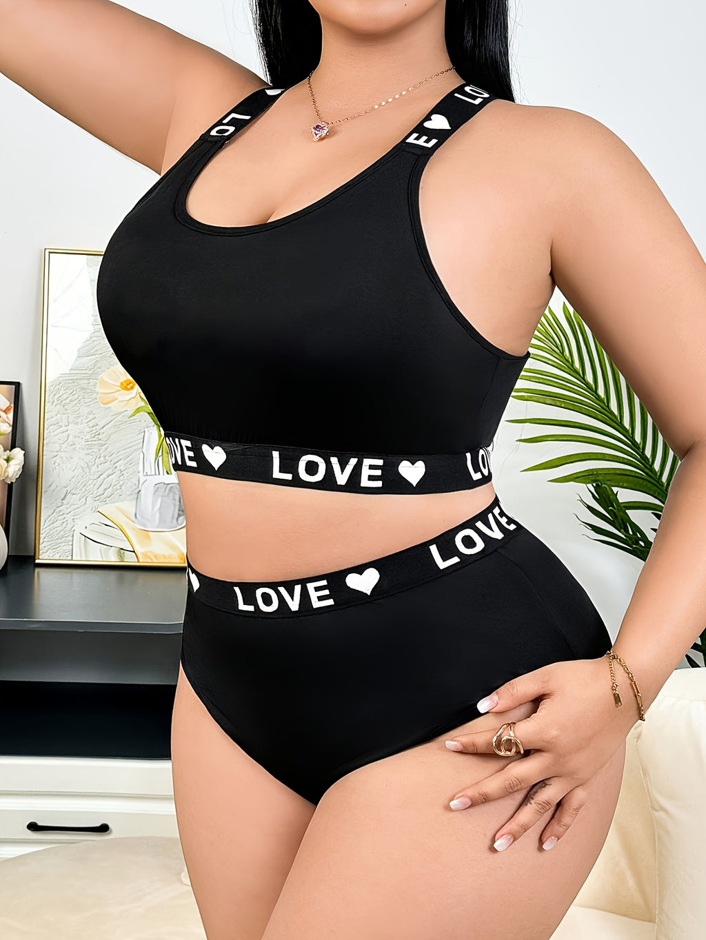 Black Minimalist Thin Breathable I-Beam Back Letter Print Comfortable Plus Size Women's Sexy Lingerie Set - Black