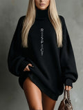 Elegant Loose High-Neck Long-Sleeve Sweatshirt with Letter Print for Women in Autumn And Winter - Black