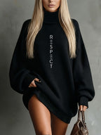 Elegant Loose High-Neck Long-Sleeve Sweatshirt with Letter Print for Women in Autumn And Winter - Black