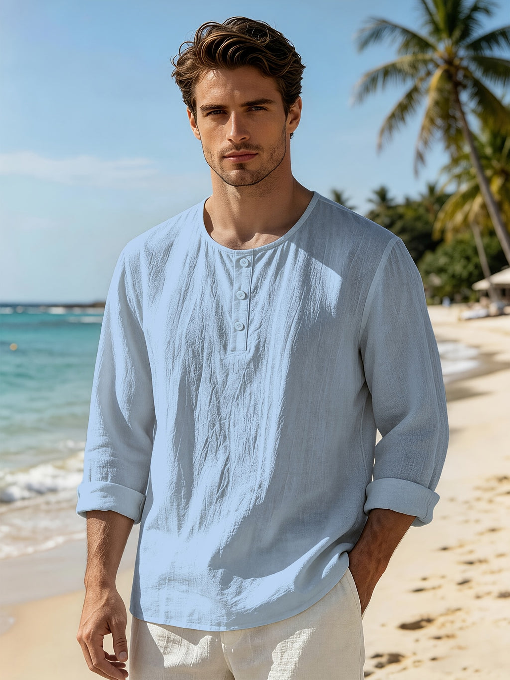 Men's Linen Henley Collar Long Sleeve Loose Fit Casual Vacation Top - Sky Blue