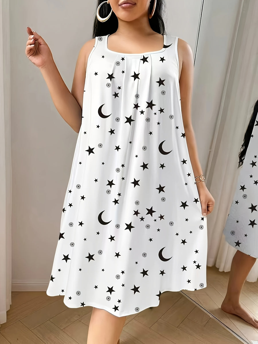 Women'S Plus Size Sleeveless Vest Dress with Star And Moon All-Over Print, Spring Summer Style, Very Comfortable Home Wear - White