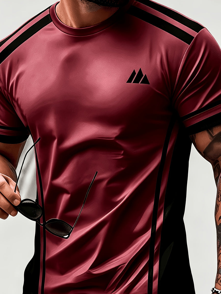 Men'S Trendy Casual Sports T-Shirt, Yellow Black Contrast Striped Mountain Peak Small Label Print Design, Fashionable Thin Breathable T-Shirt, Machine Washable Casual Short Sleeve Top - Mixed Colors 23