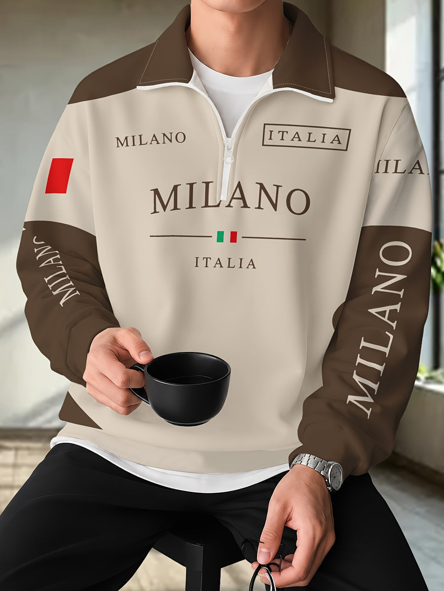 Men'S Half-Zip Lapel Sweatshirt Fashion Letter Print Casual Pullover Trendy Color-Block Patchwork Spring/Autumn Athletic Top Winter Clothes for Men - Mixed Color 4