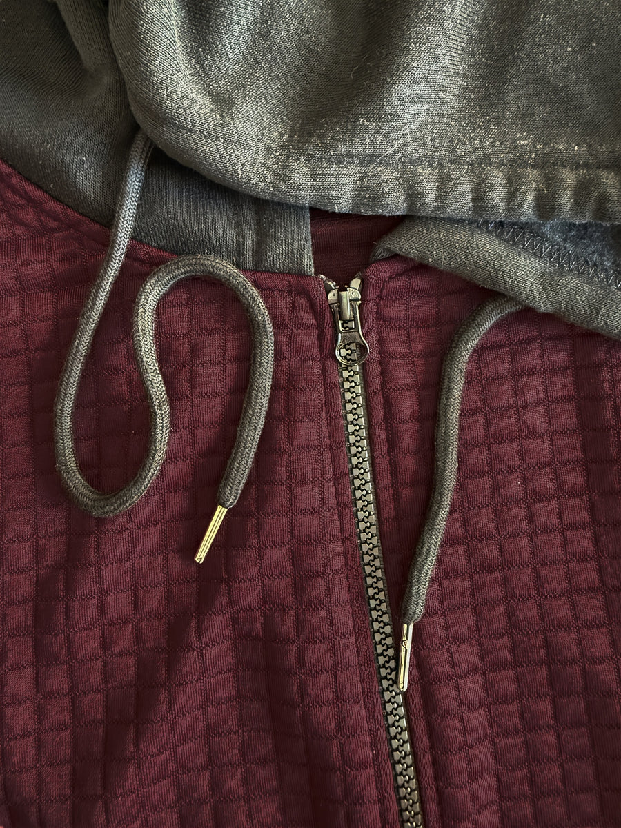 Men'S Hooded Knit Cardigan, Small Checkered Jacquard Zipper Hoodie, Knit Hooded Sweater, Comfortable And Warm, Essential for Autumn And Winter Outdoors, Suitable for Outings And Daily Home Wear - Deep Red