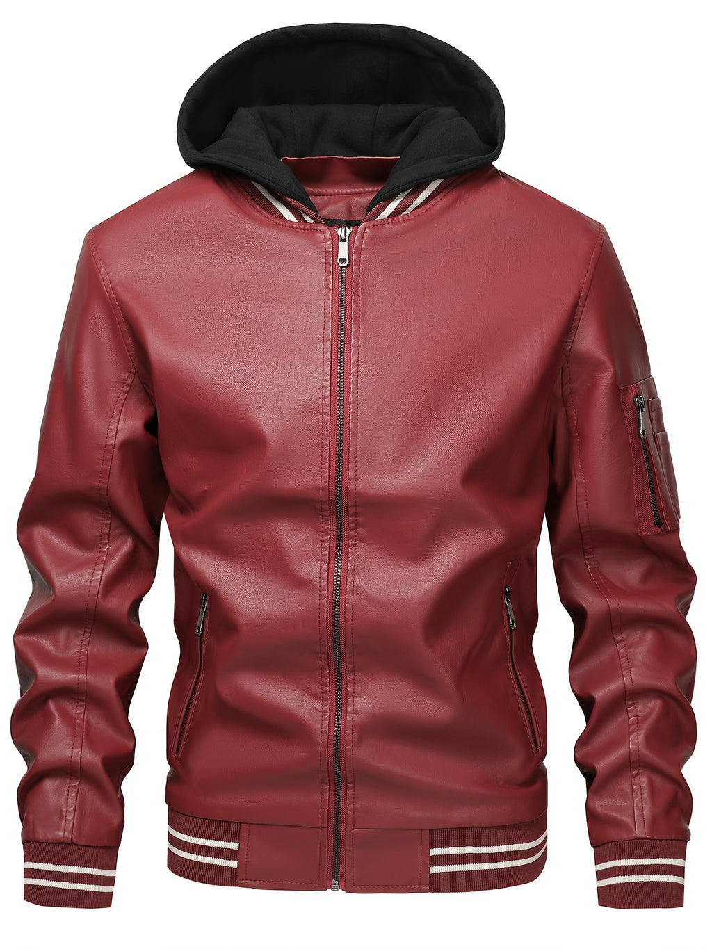 2026 New Best Choice 1pc Men'S Faux Leather Solid Color Hooded Lining Fleece Faux Leather Jacket Metal Zipper Multi-Pocket Design Casual Light Business Style Fall Slim Commute Daily Coat - Burgundy
