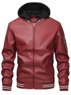 2026 New Best Choice 1pc Men'S Faux Leather Solid Color Hooded Lining Fleece Faux Leather Jacket Metal Zipper Multi-Pocket Design Casual Light Business Style Fall Slim Commute Daily Coat - Burgundy