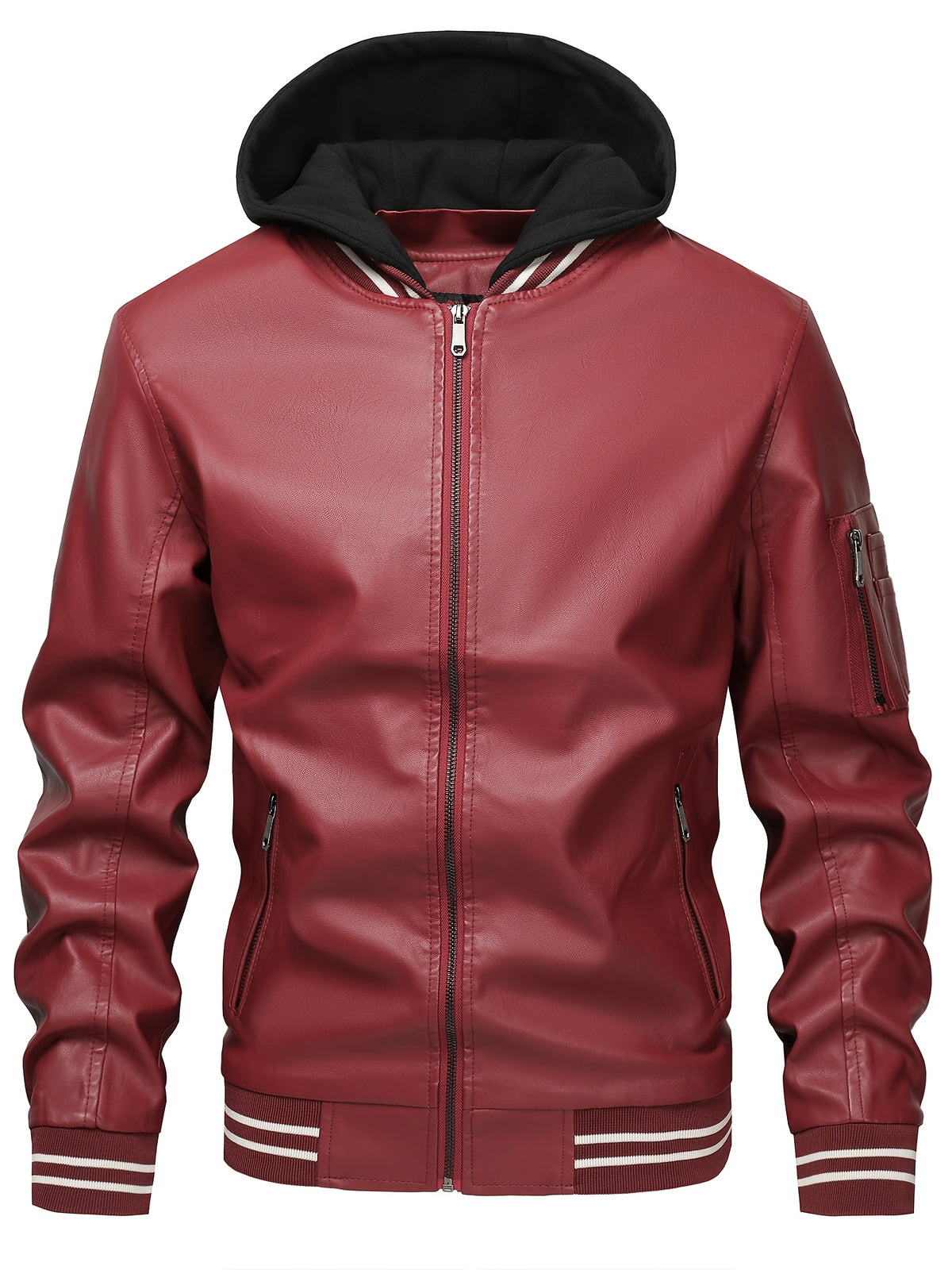 2026 New Best Choice 1pc Men'S Faux Leather Solid Color Hooded Lining Fleece Faux Leather Jacket Metal Zipper Multi-Pocket Design Casual Light Business Style Fall Slim Commute Daily Coat - Burgundy