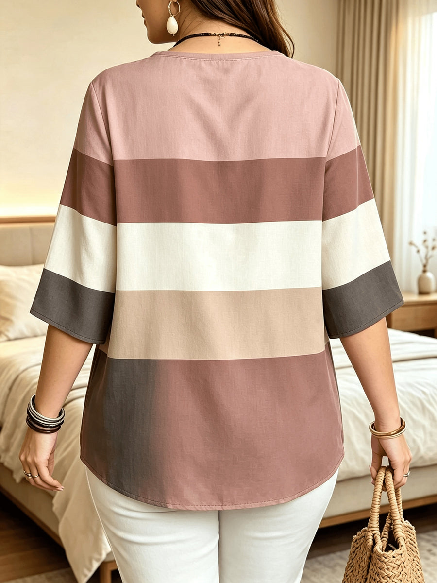 Printed Design – Not Textured. Women's Casual Button-Patch Colorblock V-Neck Three-Quarter Sleeve T-Shirt, a Perfect Gift for. - Mixed Color B