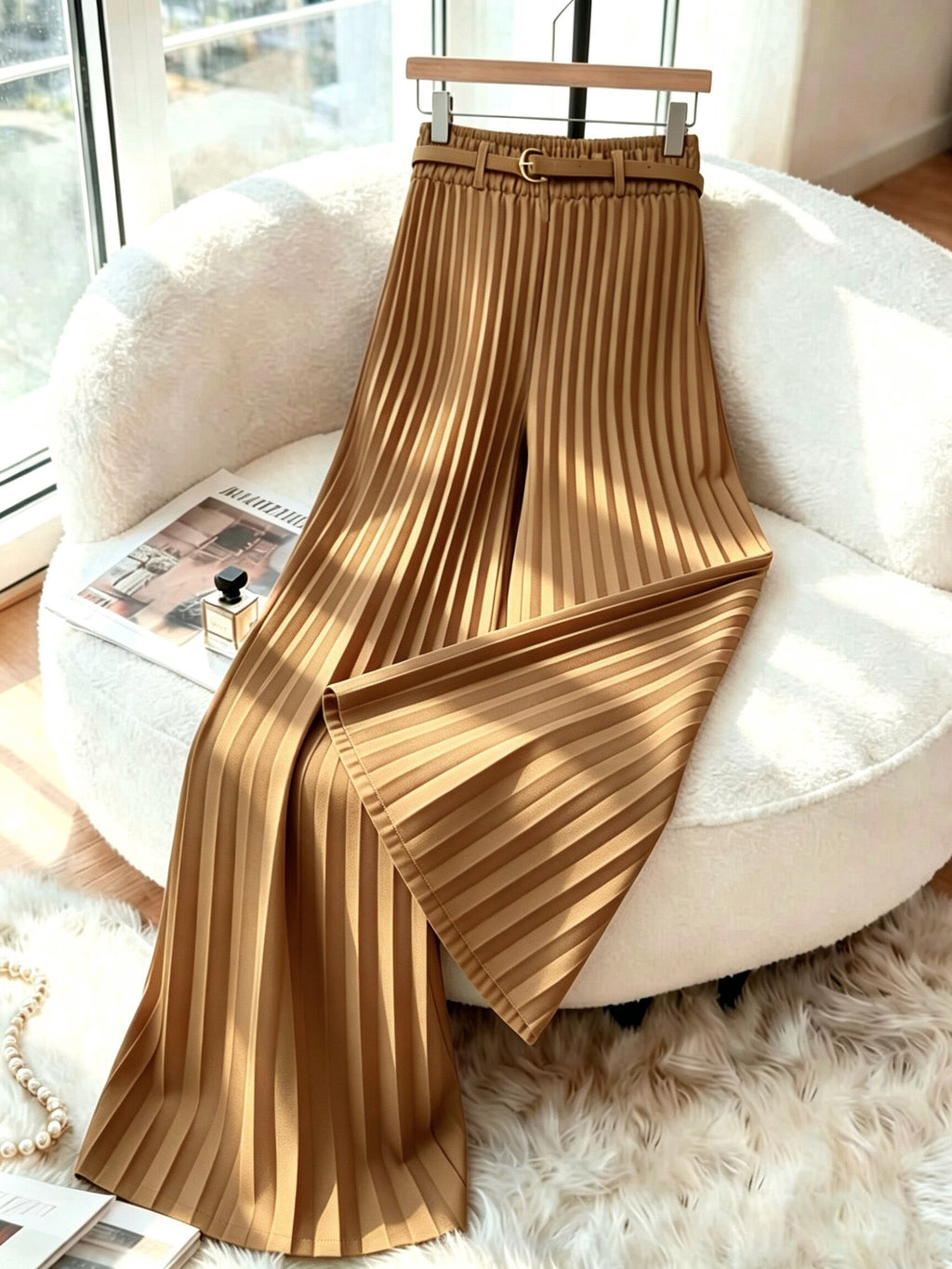 Women's Solid Color Minimalist Pleated Casual Trousers, Simple Solid Color Flowy Wide-Leg Pants, Spring, Summer, Autumn, All-Season Casual Stretch Waist Commuter Versatile Wide-Leg Pants, Belt Not Included - Brown