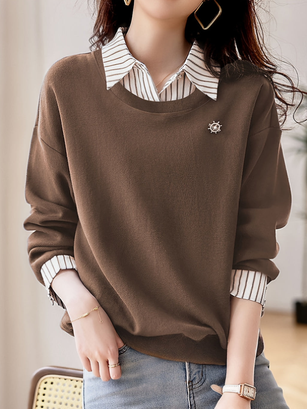 Women'S Fall Winter Casual Comfortable Fashion Long Sleeve Collared Striped Collar Polo Shirt - Coffee Brown