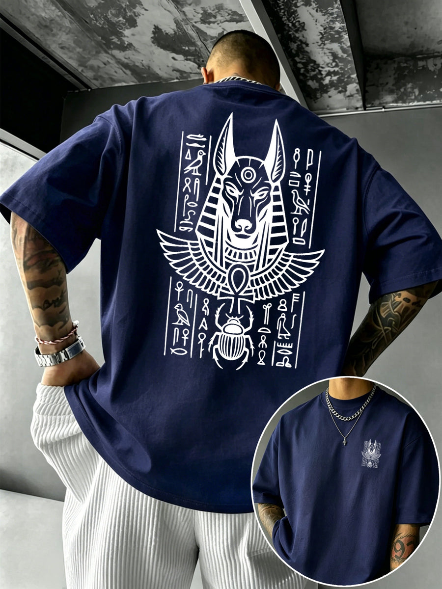 Men's 100% Pure Cotton T-Shirt with Anubis Scarab Egyptian Element Print, Casual, Comfortable, and Breathable for All Seasons - Navy blue color