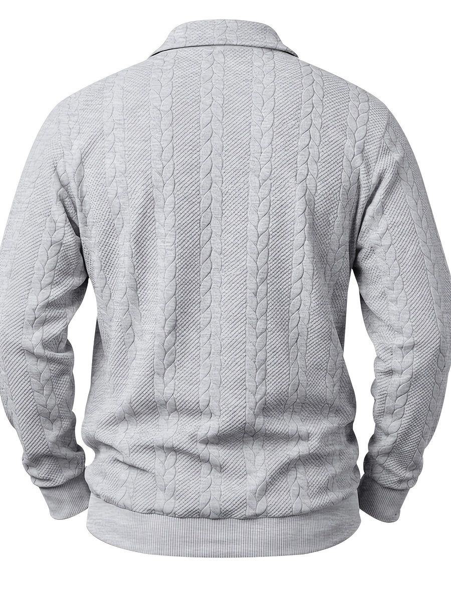 1pc Men's Striped Jacquard Long-Sleeve Polo Shirt, Autumn/Winter Textured Vintage Style Outdoor Casual Henley Top - Grey