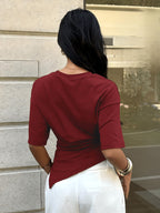 Women'S Casual Summer T-Shirt, Round Neck Mid-Waist Irregular Hem Versatile Commuter Style Women'S Top, Round Neck Short Sleeve Design, Waist Ruched Irregular Hem, Waist-Cinching Fit, Easy Commuter Style, Waist-Defining Design - Burgundy