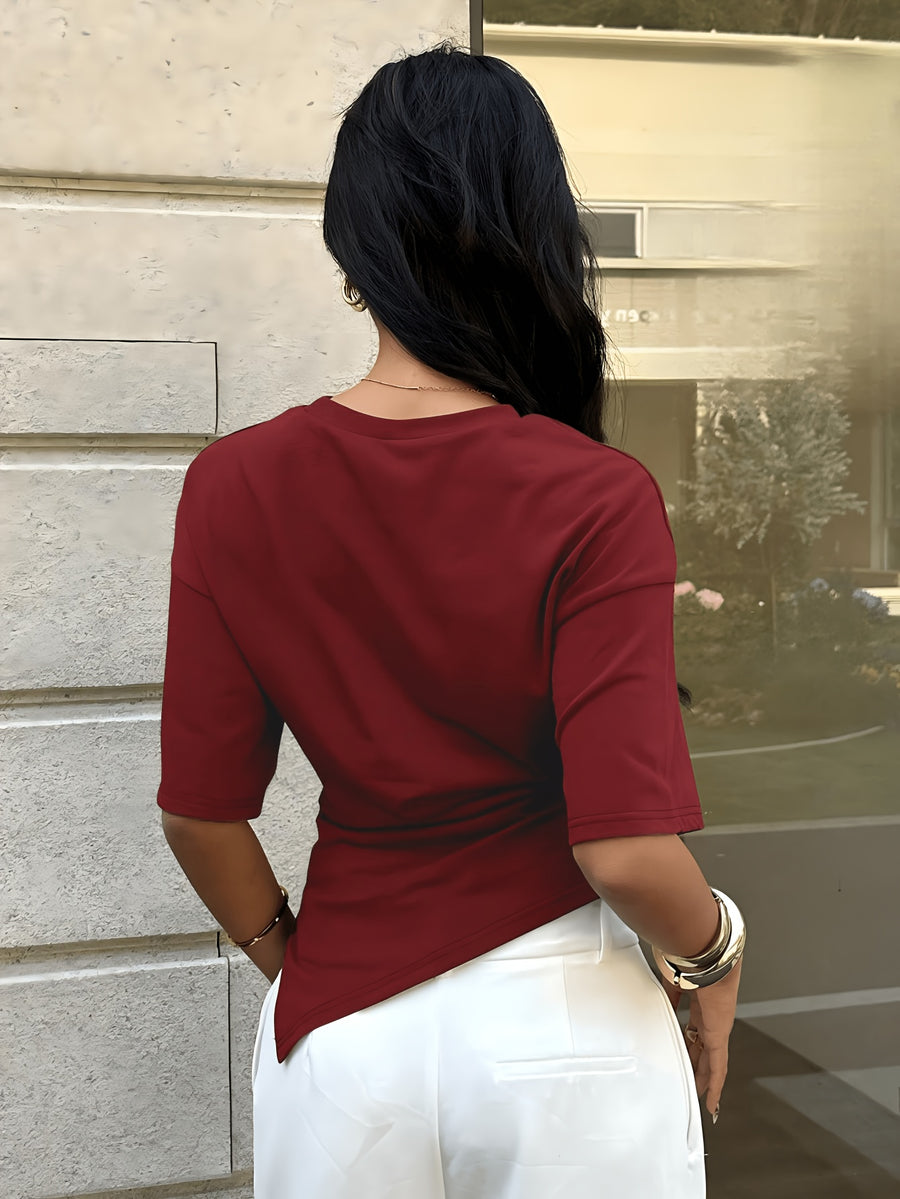 Women'S Casual Summer T-Shirt, Round Neck Mid-Waist Irregular Hem Versatile Commuter Style Women'S Top, Round Neck Short Sleeve Design, Waist Ruched Irregular Hem, Waist-Cinching Fit, Easy Commuter Style, Waist-Defining Design - Burgundy