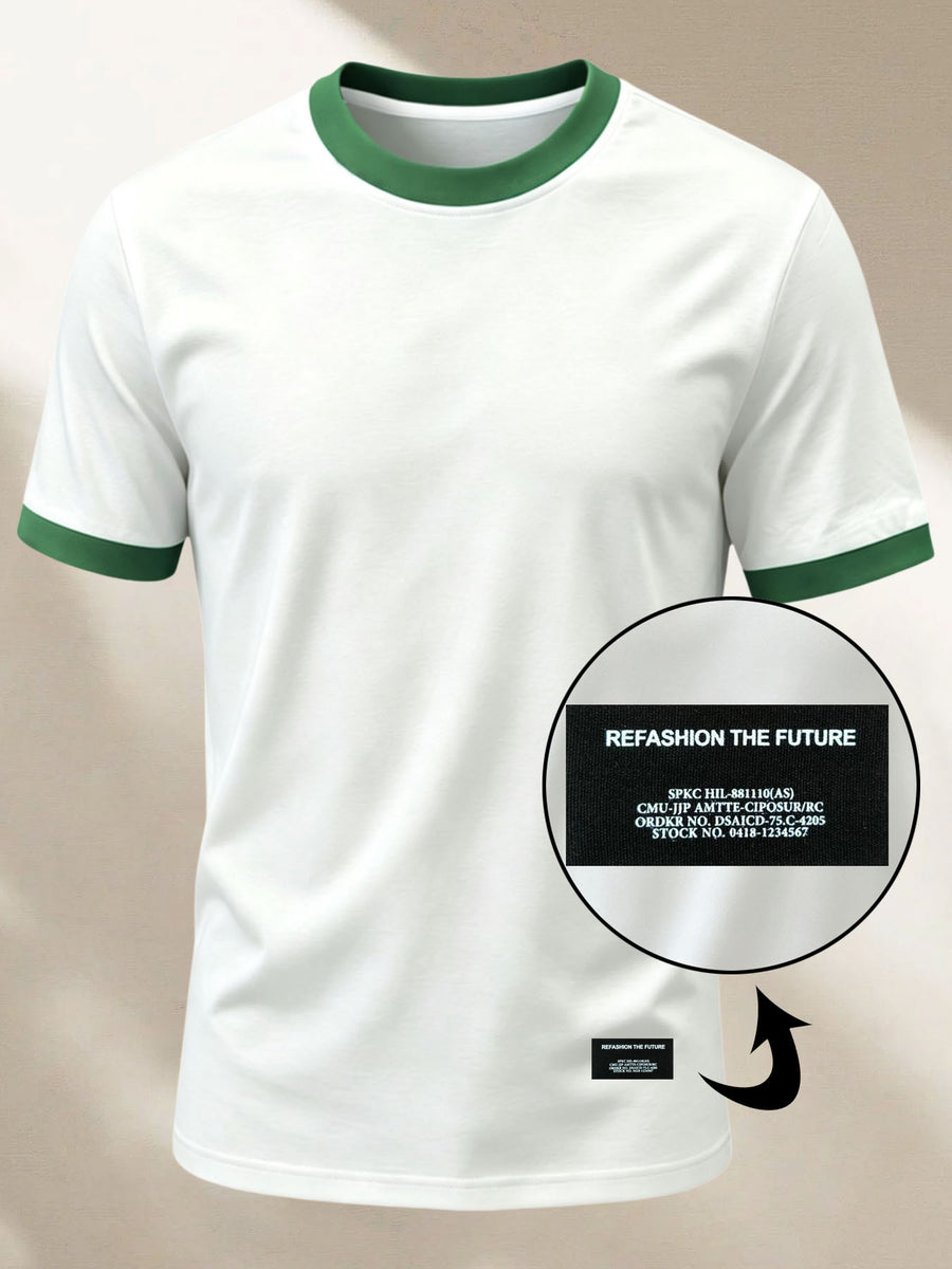 100% Cotton Men's Knitted Color-Block Crew Neck Patched T-Shirt, Summer All-Season Base Layer, Factory-Made for Men, Comfortable, High Quality, High Fit Rate, Casual Sportswear with Contrast Hem and Patch Appliqué - White with Green ZZ019