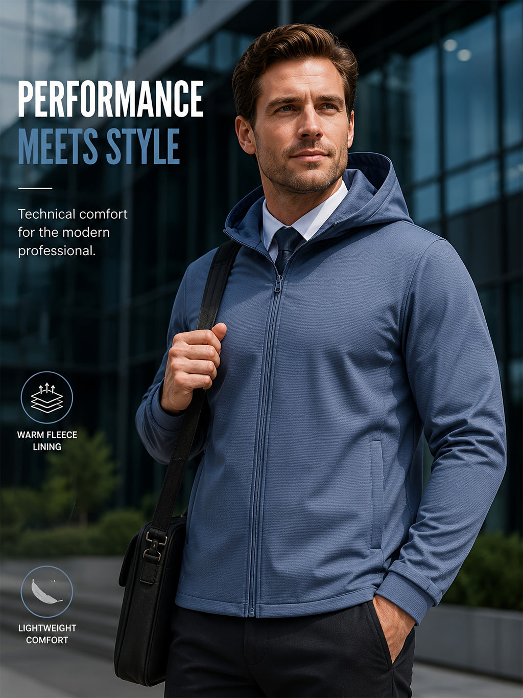 Men's Full-Zip -Lined Hooded Jacket, Lightweight Warm Softshell Outerwear, Men's Fashion Hoodie, Loose and Stretchy, Business Casual Outdoor Hoodie, Thermoregulating Top, Suitable for Office, Commuting, Travel, and Daily Autumn/Winter Wear - Grey-blue