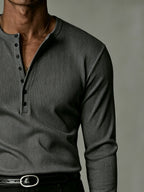 Men'S Long Sleeve, Multi-Color Optional Ribbed Henley Slim Fit Casual Solid Top, High-Quality Fitted T-Shirt - Dark Gray