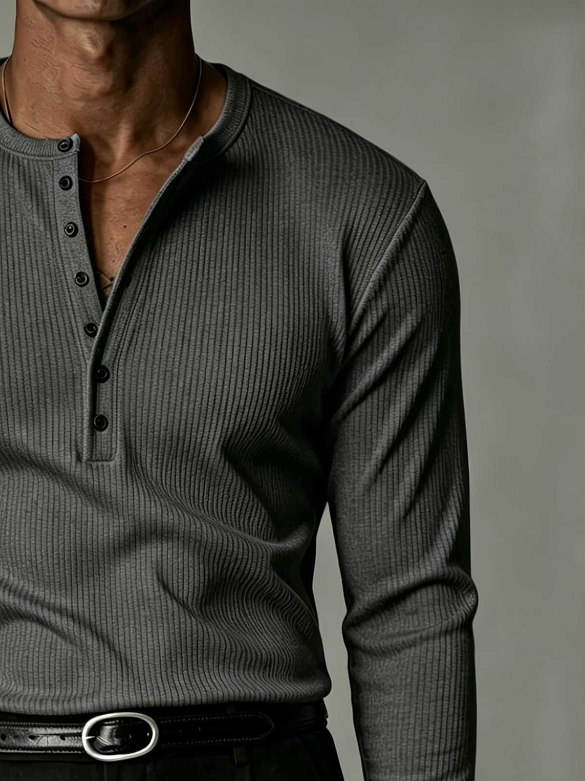 Men'S Long Sleeve, Multi-Color Optional Ribbed Henley Slim Fit Casual Solid Top, High-Quality Fitted T-Shirt - Dark Gray
