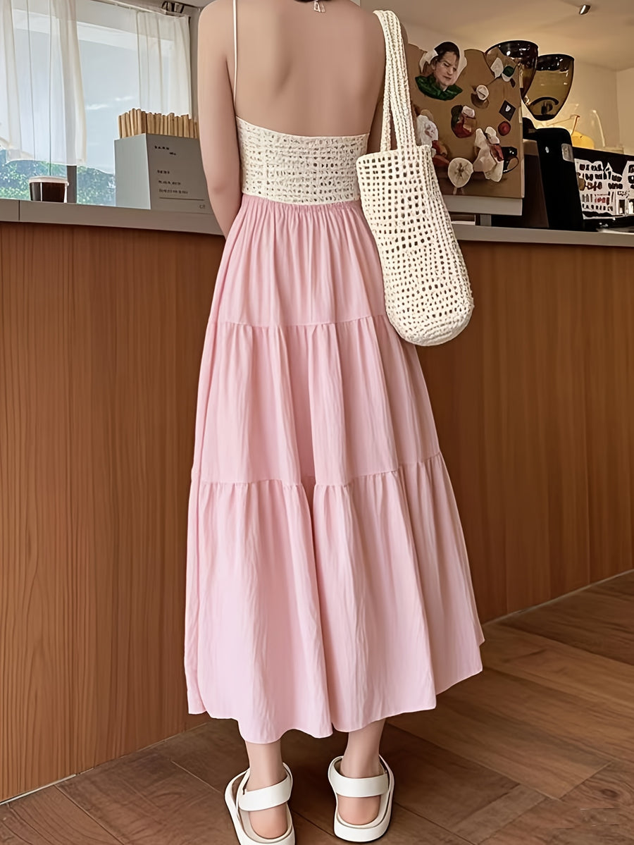 A-Line Umbrella Sweet Spring And Autumn Women'S High-Waisted Long Skirt with Elastic Waistband, Long Skirt with Lining, Beach Party Long Skirt - Light Pink Color