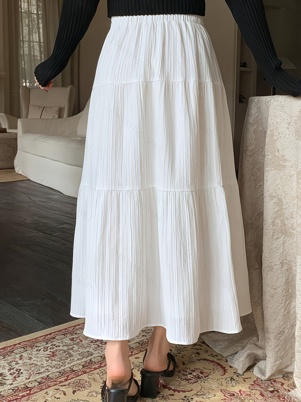 Elastic Waist Layered Skirt, Women'S Loose Pleated Skirt, Natural White, Suitable for Daily Casual Occasions, Perfect for Spring And Autumn. - White
