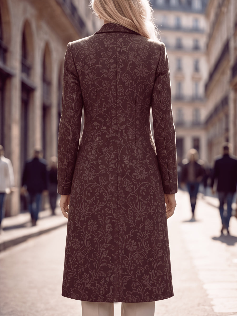 Women'S Spring Autumn New Vintage Printed Long Blazer, Double-Breasted Coat with Lining And Pockets - Chocolate Mocha