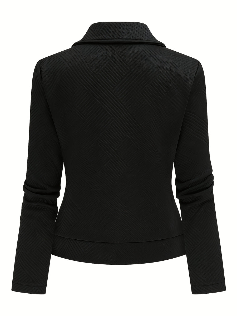 A New Women'S Solid Color Maze Check Zippered Button Decorative Motorcycle Jacket, Stylish And Elegant for Commuting And Casual Wear in Autumn And Winter. The Top Design Is Trendy, with a Unique Style, High-Quality Stitching, Soft Texture - Black