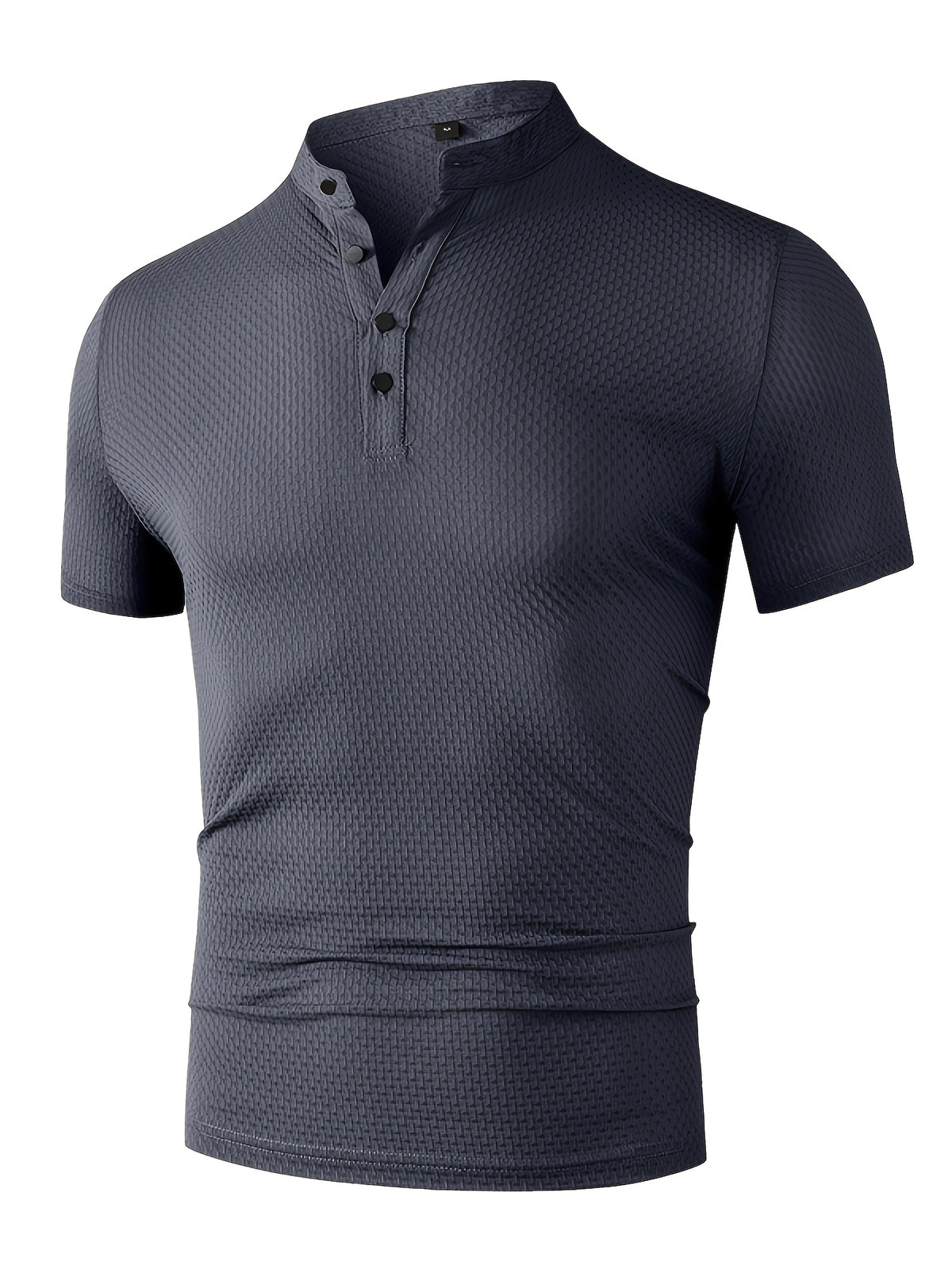Men'S Waffle Texture Mandarin Collar Polo Shirts, Lightweight Quick-Dry Stretch Short Sleeve Summer Business Casual Tees - Grey