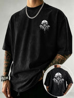 Men's Vintage Washed Heavyweight Pure Cotton Short-Sleeve T-Shirt with Nordic Compass Scenery and Mountain Forest Pine Tree Line Art Print - Black