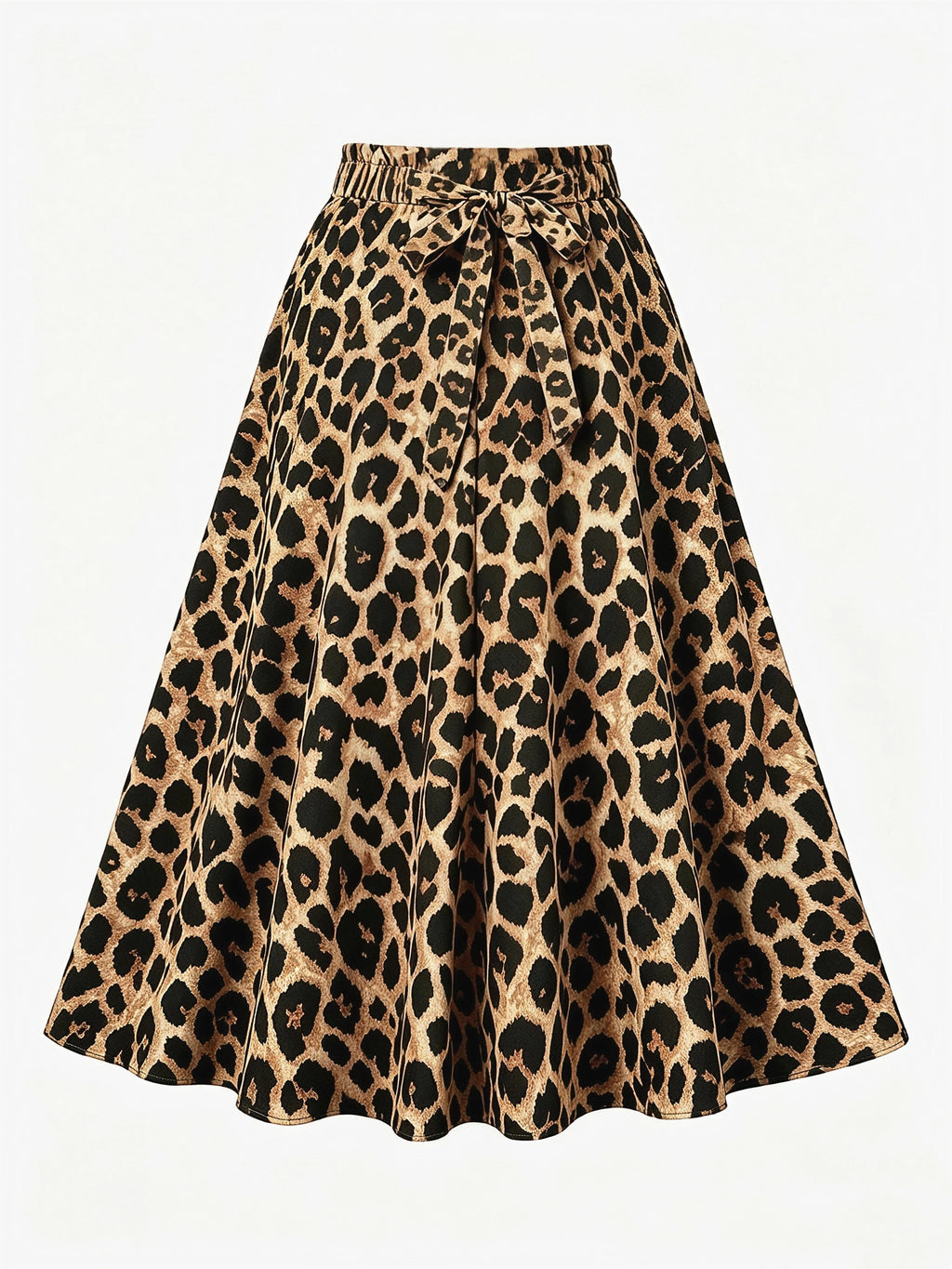 Leopard Print High-Waist Flared Midi Skirt Women'S Elastic Waist Bow Tie A-Line Swing Skirt Casual Daily Party Streetwear Long Skirts - Light Beige