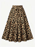Leopard Print High-Waist Flared Midi Skirt Women'S Elastic Waist Bow Tie A-Line Swing Skirt Casual Daily Party Streetwear Long Skirts - Light Beige