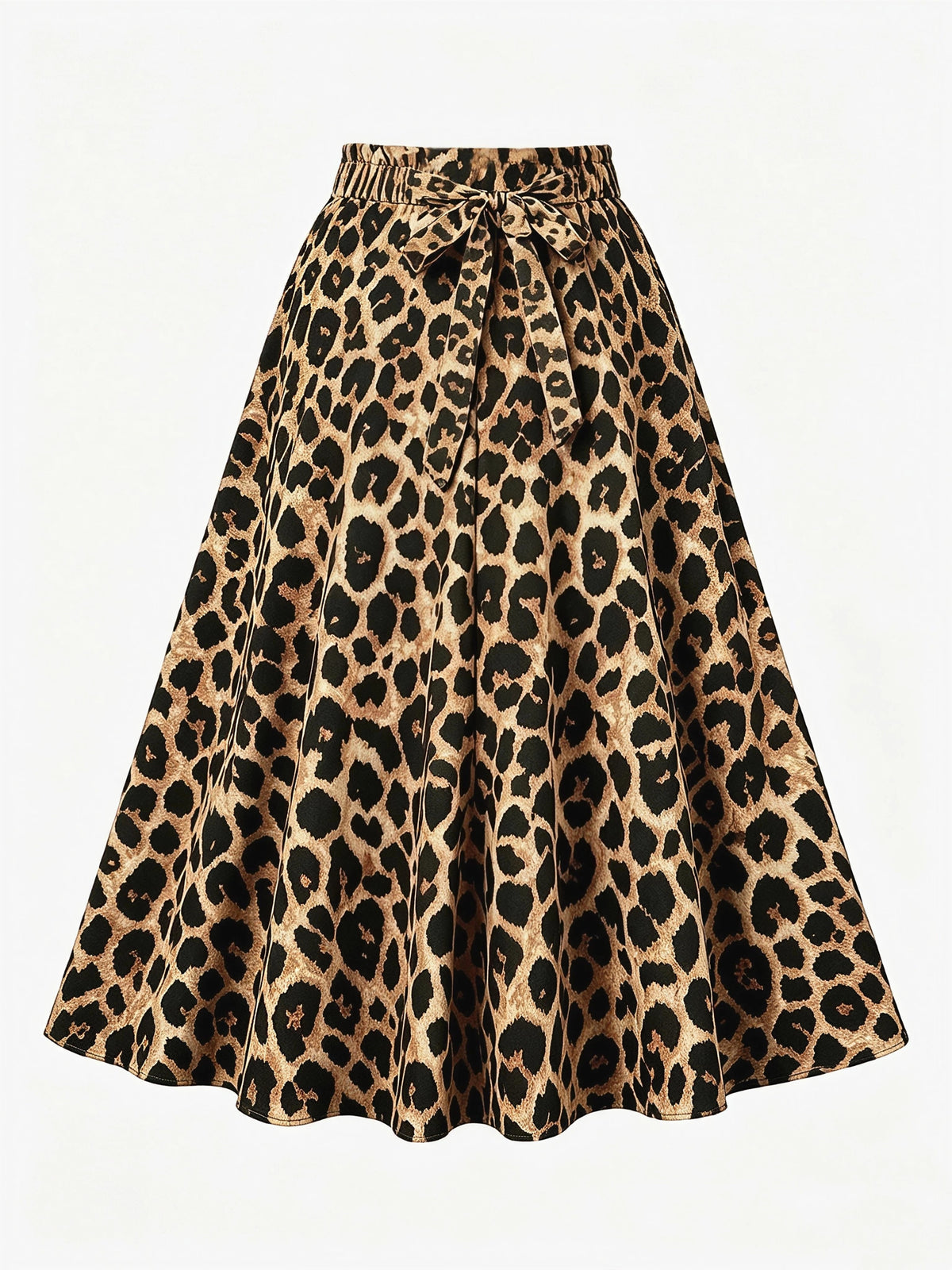 Leopard Print High-Waist Flared Midi Skirt Women'S Elastic Waist Bow Tie A-Line Swing Skirt Casual Daily Party Streetwear Long Skirts - Light Beige