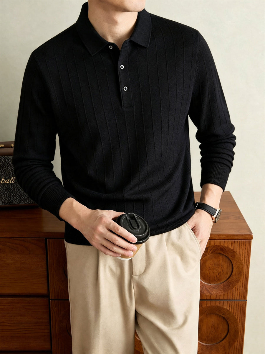 Autumn Winter Knit 3D Solid Color Lapel Sweater, Basic Knit Pullover Top for Men, Fashionable Long Sleeve Sweater HJ - Black