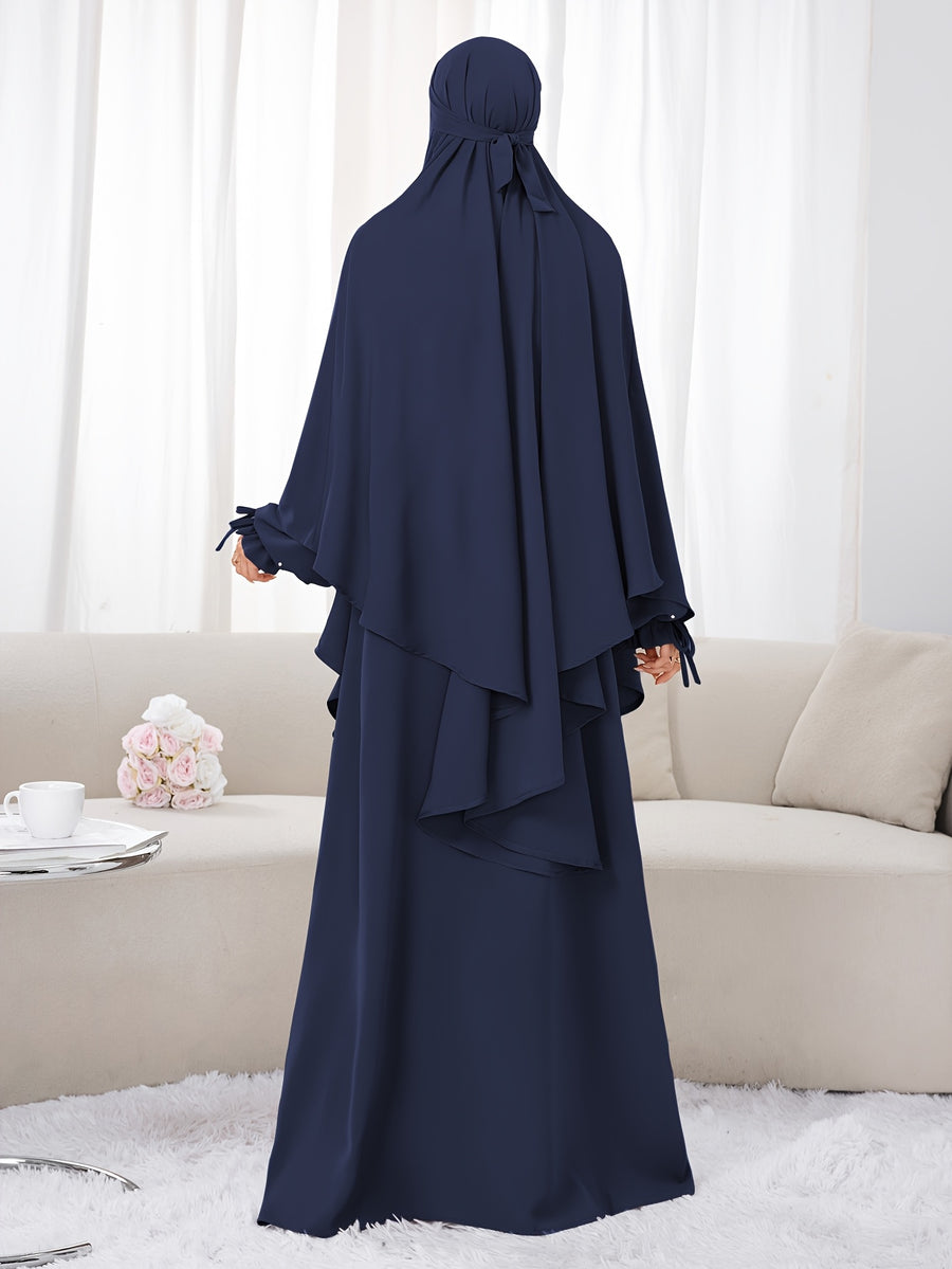 Women's 2pcs Modest Islamic Abaya & Khimar Suit - Elegant Full Coverage Prayer Dress with Headscarf, Pure Color Muslim Dress Suitable for Daily Wear, Hajj, Ramadan, Travel - Abaya Robe for Muslim Women - Navy Color