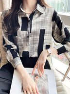 Chic Floral Print Long Sleeve Shirt for Women - Casual Collared Top with Button Detail, Machine Washable - Perfect for Spring & Fall, Loose Slimming, Square Print - Deep Grey