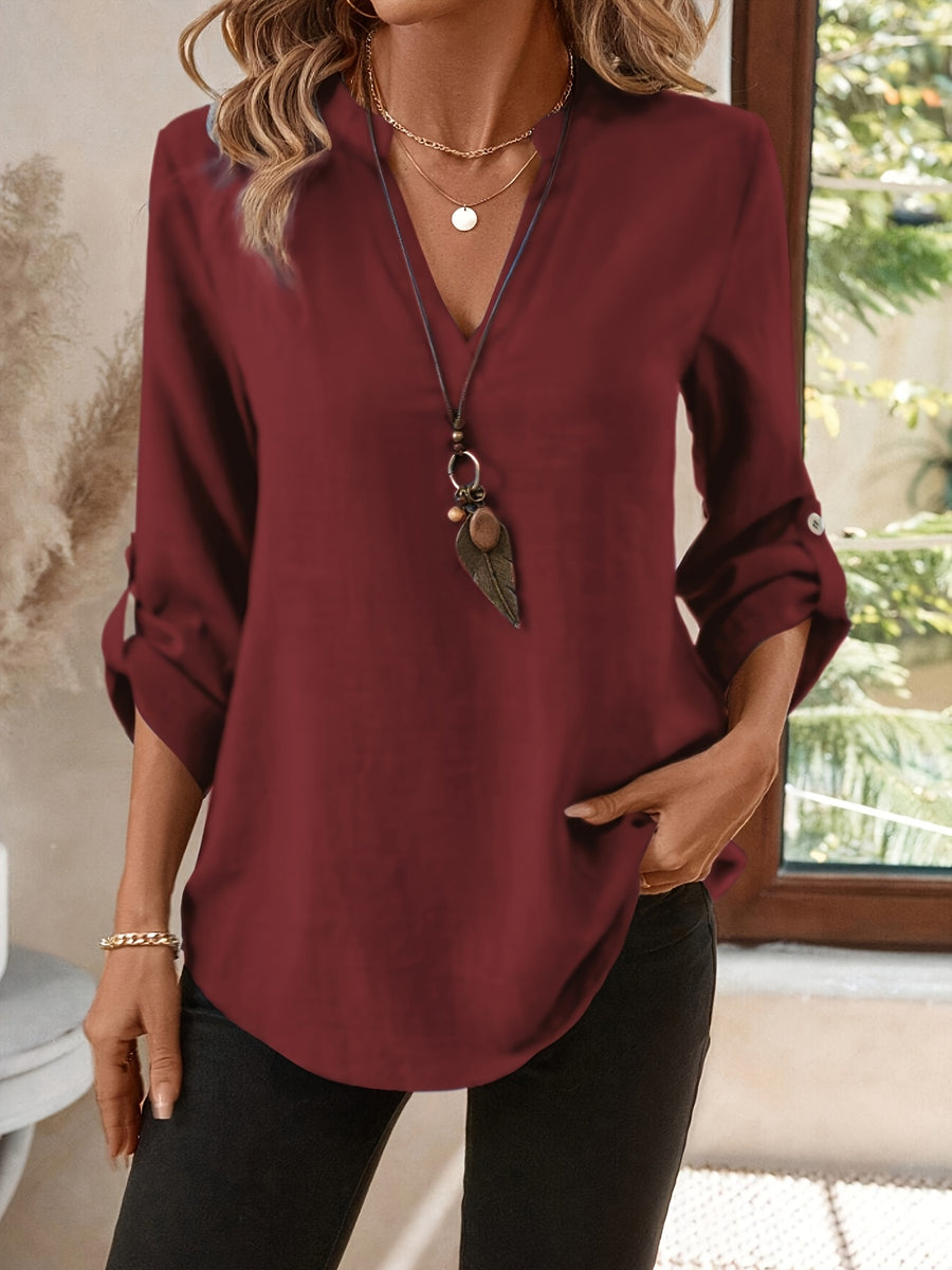 Elegant Women's Simple Casual Daily Short-Sleeve Solid Color Shirt, Spring/Summer Fashion Casual Outing Shirt, BK0608018 - Burgundy