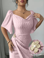Women's Metal Buckle Block Color Block Ruffle Collar Fitted Elegant Dress, for Weddings, Dates, Occasions, Gatherings, Parties, Spring/Summer Style - Pale Pinkish Gray