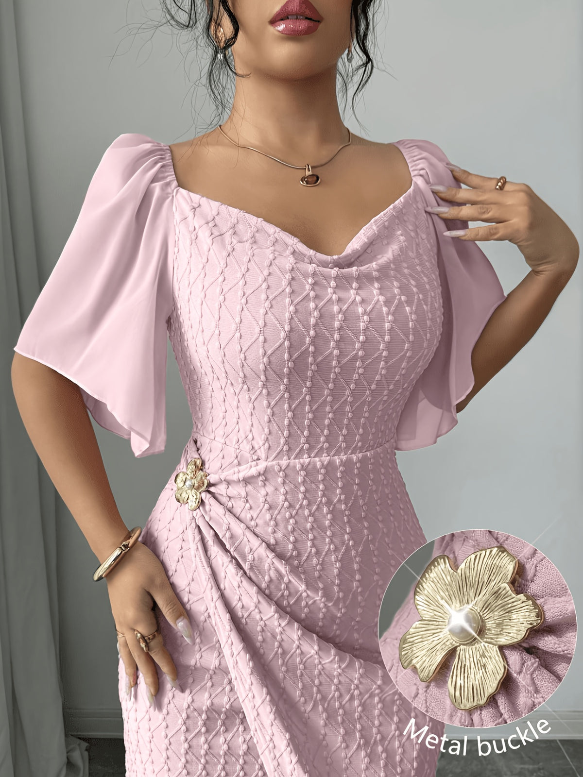 Women's Metal Buckle Block Color Block Ruffle Collar Fitted Elegant Dress, for Weddings, Dates, Occasions, Gatherings, Parties, Spring/Summer Style - Pale Pinkish Gray