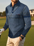 Men's Denim Patchwork Lapel Polo Shirt - Vintage Suitable for Daily Commuting & Outdoor Wear, Breathable Long-Sleeve Shirt with Simulated Denim Collar, Machine Washable, Spring Summer Fall Casual Wear for Office to Outdoor Transition - Mixed colors
