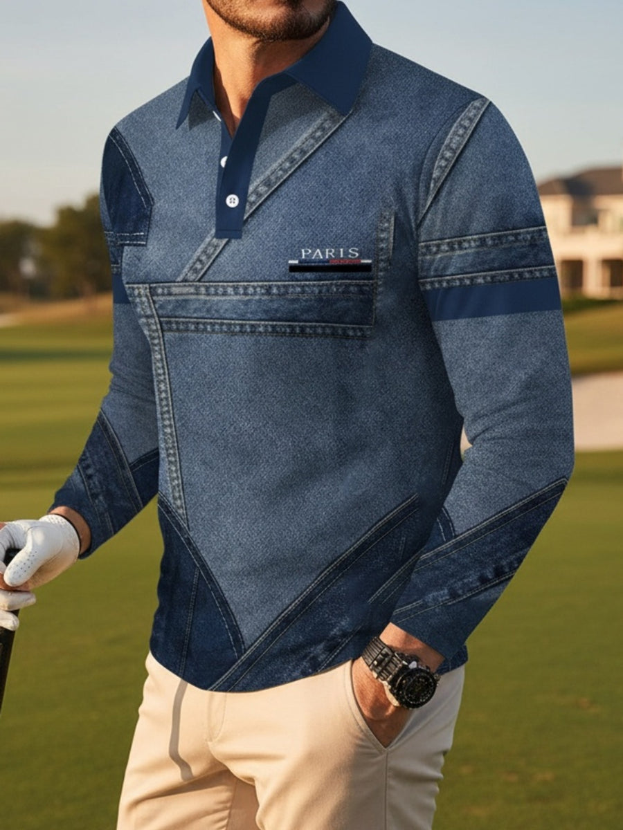 Men's Denim Patchwork Lapel Polo Shirt - Vintage Suitable for Daily Commuting & Outdoor Wear, Breathable Long-Sleeve Shirt with Simulated Denim Collar, Machine Washable, Spring Summer Fall Casual Wear for Office to Outdoor Transition - Mixed colors