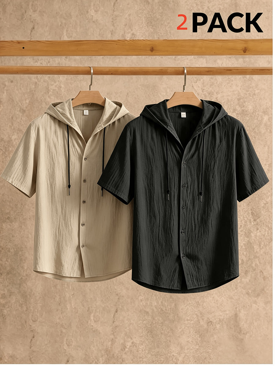 Men's Two-pc Linen Hooded Short-Sleeve Summer Solid Color Beach Vacation Loose Fit Casual Shirt - Khaki+Black