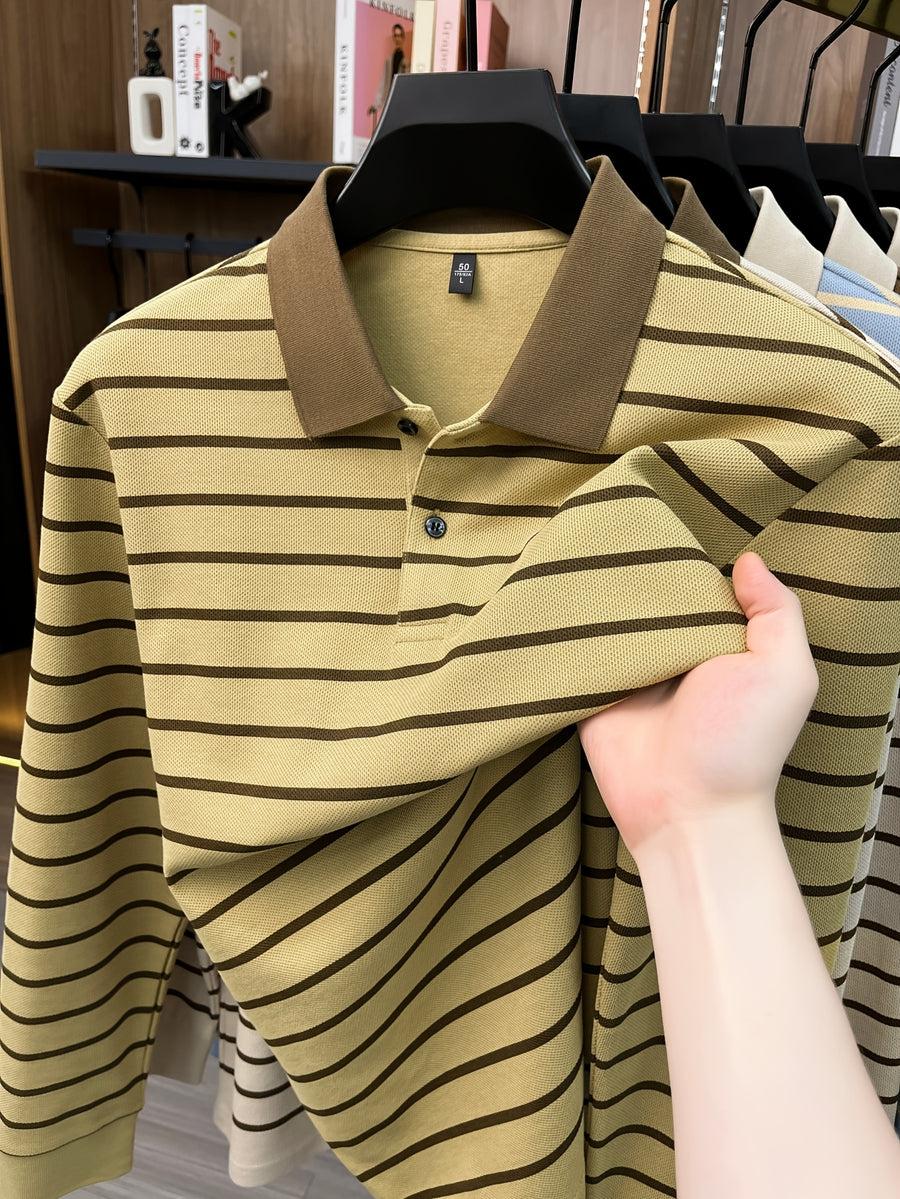 2026 Autumn Men's Long-Sleeve Striped Casual Lapel Polo Shirt - Yellowish-brown