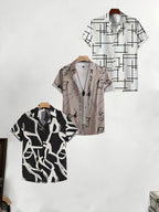 A Set of Three Men'S Vacation Shirts, Featuring Print Short-Sleeve Button-Up Shirts, Perfect for Beach Holidays And Summer Parties - Mixed colors