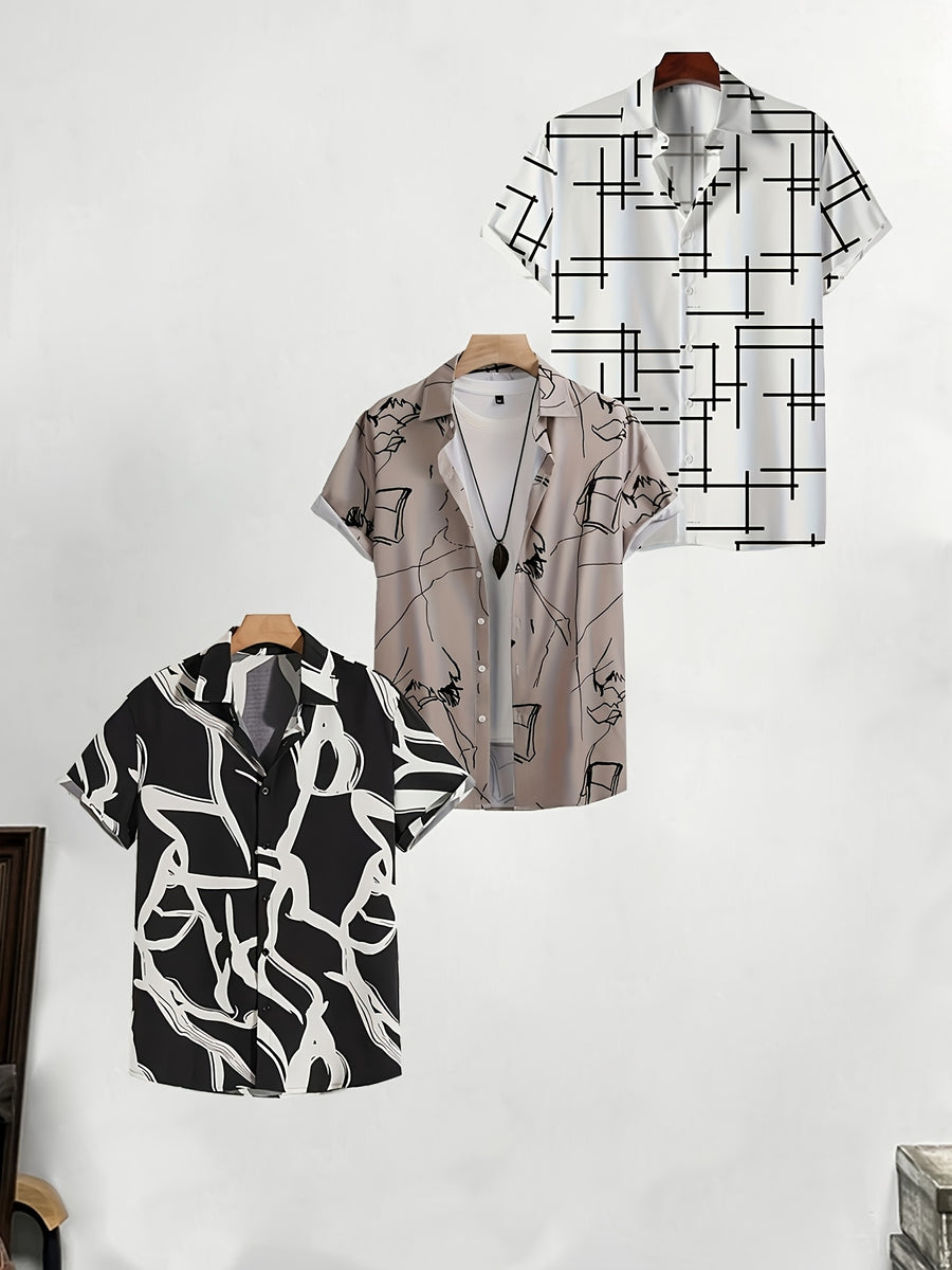 A Set of Three Men'S Vacation Shirts, Featuring Print Short-Sleeve Button-Up Shirts, Perfect for Beach Holidays And Summer Parties - Mixed colors