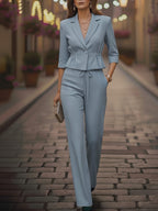New Elegant and Graceful Lightweight Mid-Sleeve Suit Top with Waist Pleat Design + Wide-Leg Long Pants with Pockets, Back Elastic Waist, and Tie Detail, Stylish Commuter 2pcs Set - Haze Blue