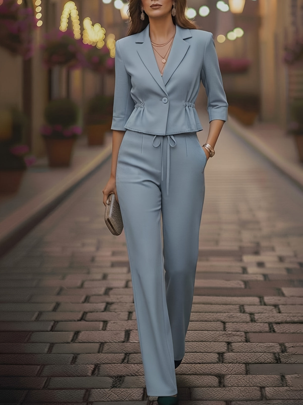 New Elegant and Graceful Lightweight Mid-Sleeve Suit Top with Waist Pleat Design + Wide-Leg Long Pants with Pockets, Back Elastic Waist, and Tie Detail, Stylish Commuter 2pcs Set - Haze Blue