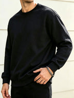 Men's Spring/Autumn Fashion Crew Neck Sweatshirt - Knitted Long Sleeve, Casual Sportswear Top, Studio Single Piece T-Shirt, Cotton Blend Knit with Slight Stretch Fabric, Pullover, New Men's Apparel Gift - Black