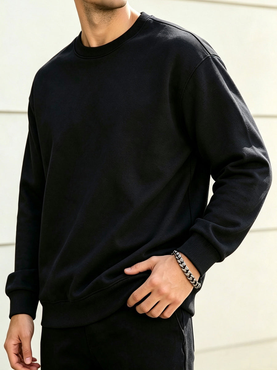 Men's Spring/Autumn Fashion Crew Neck Sweatshirt - Knitted Long Sleeve, Casual Sportswear Top, Studio Single Piece T-Shirt, Cotton Blend Knit with Slight Stretch Fabric, Pullover, New Men's Apparel Gift - Black