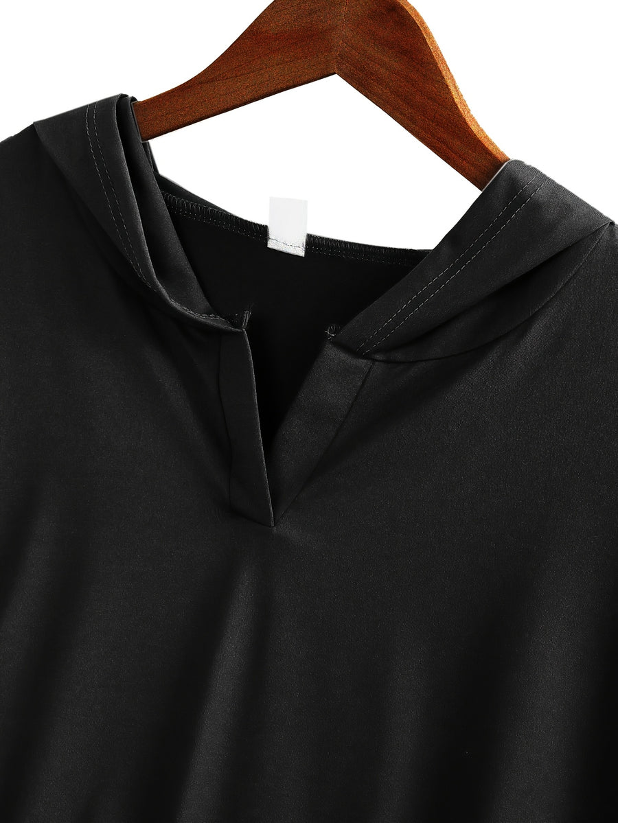 Plus Size Fashion Temperament Casual Solid Color Hooded Sweatshirt Short-Sleeved Top Drawstring Shorts Skirt Two-Piece Set - Black