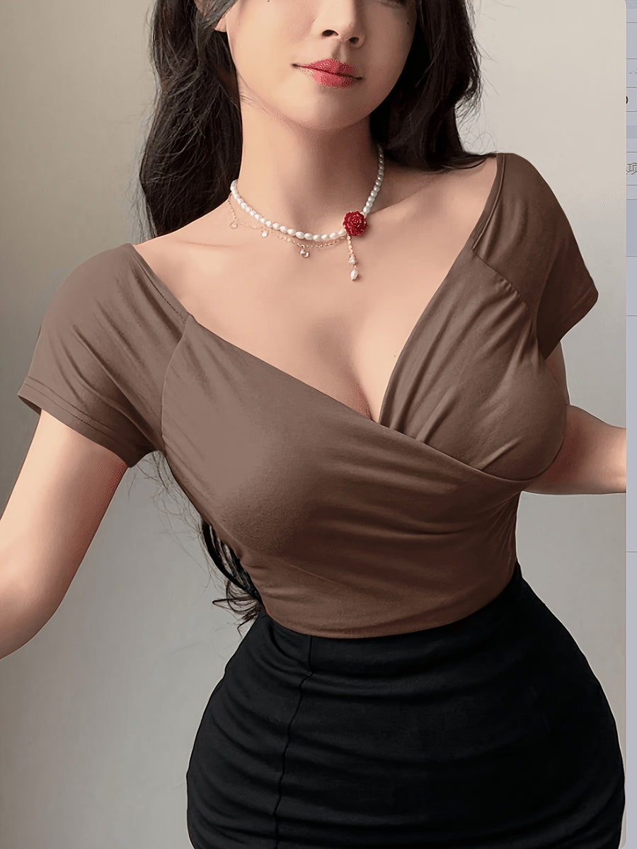 Front Deep V-crisscross Wrap, Back Off-the-shoulder Sleeveless Fitted Short-sleeve T-shirt - Coffee Brown