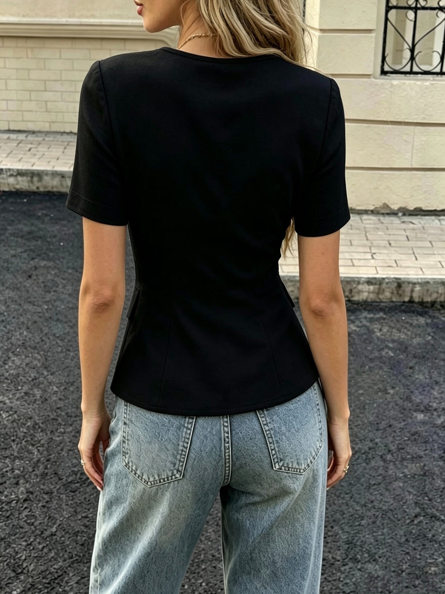 Women's Elegant Short-Sleeve Lightweight Jacket with Golden Buttons, Suitable for Work or Casual Wear, Short-Sleeve Top, Suit, Casual Style Shirt, Crew Neck Shirt, Short-Sleeve Shirt, Button-Front Shirt, Waist-Defined Shirt, Women's Dress Shirt - Black